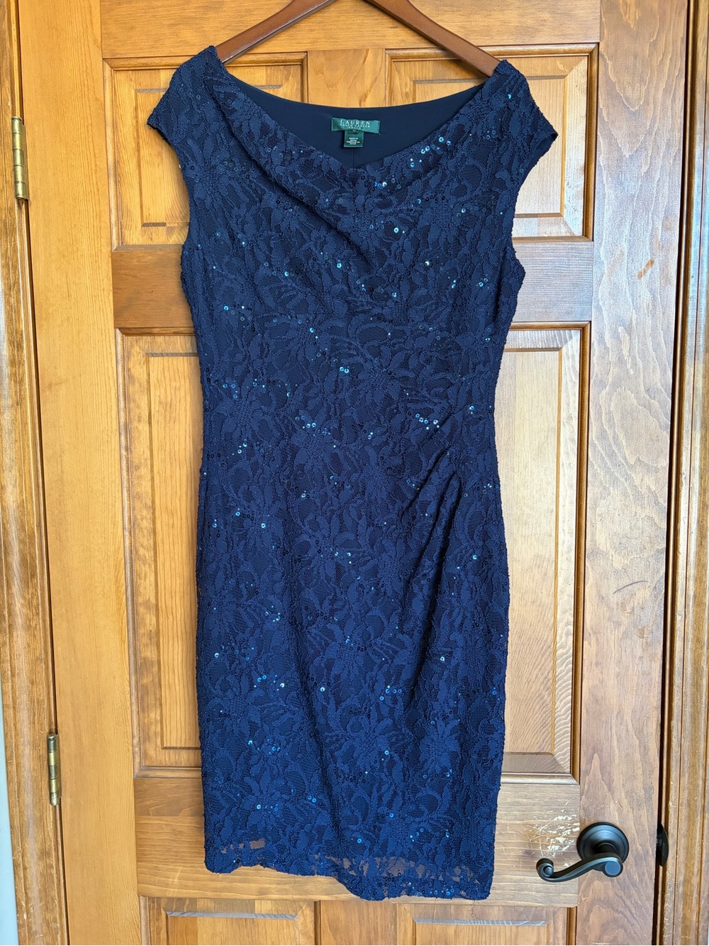 Lauren Ralph Lauren Women Sz 14 Blue Lace Sequin Cowl Neck Sheath Cocktail Dress